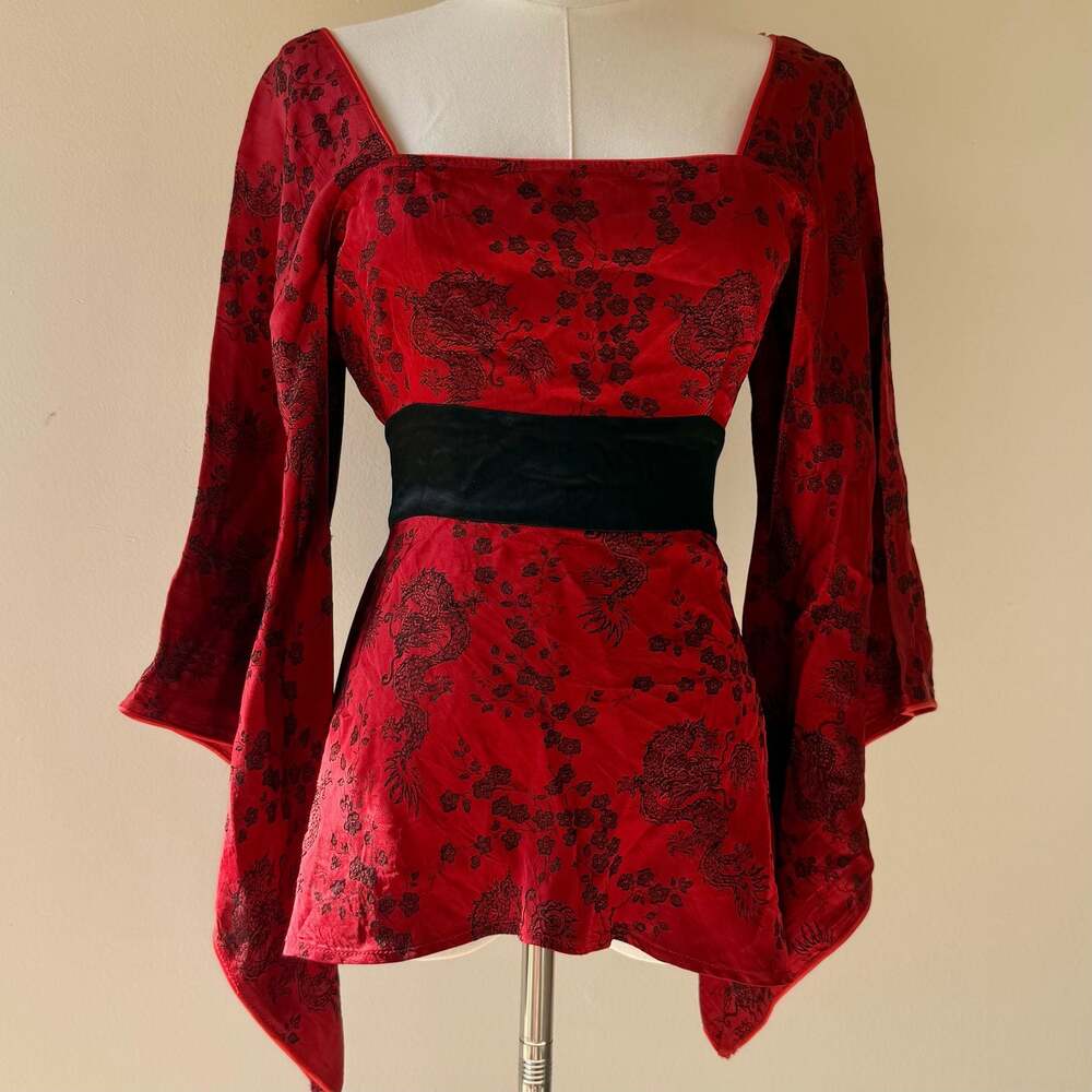Vintage Euro Y2K Red Dragon Brocade Kimono Sleeve Top with Satin Waist Tie